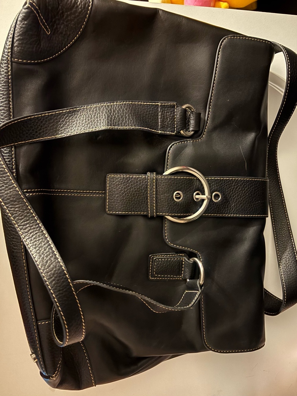 Franklin Covey Black Leather Messenger Bag with Silver Hardware